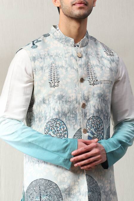 Buy_Soniya G_Blue Handloom Cotton Embroidery Floral Print Bundi And Ombre Kurta Set _Online_at_Aza_Fashions