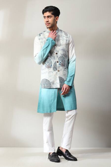 Soniya G_Blue Handloom Cotton Embroidery Floral Print Bundi And Ombre Kurta Set _at_Aza_Fashions