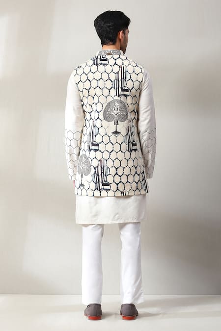 Shop_Soniya G_Off White Handloom Cotton Embroidery Hexagon Print Bundi And Kurta Set _at_Aza_Fashions