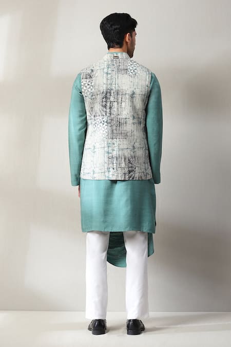 Shop_Soniya G_Blue Handloom Cotton Embroidery Geometric Print Bundi And Cowl Kurta Set _at_Aza_Fashions