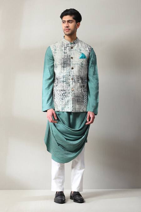 Shop_Soniya G_Blue Handloom Cotton Embroidery Geometric Print Bundi And Cowl Kurta Set _Online_at_Aza_Fashions