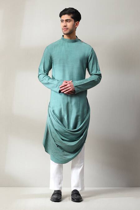 Soniya G_Blue Handloom Cotton Embroidery Geometric Print Bundi And Cowl Kurta Set _at_Aza_Fashions