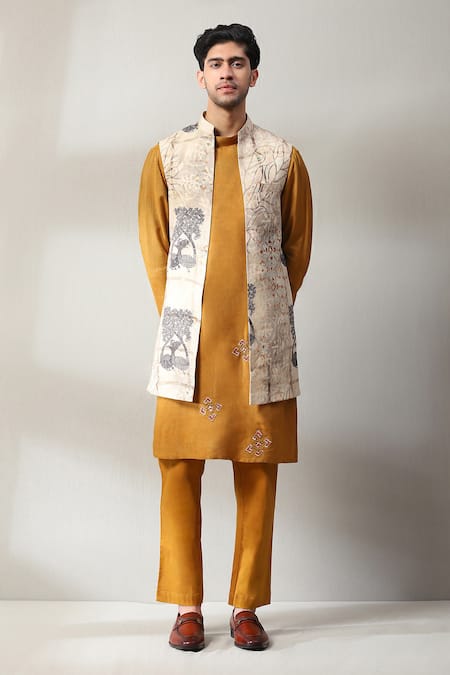 Soniya G Yellow Handloom Printed Botanical Bundi And Kurta Set 