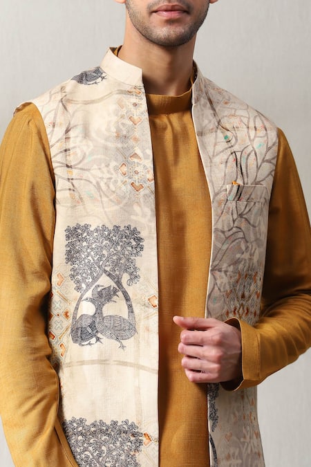 Soniya G_Yellow Handloom Cotton Embroidery Botanical Print Bundi And Kurta Set _Online_at_Aza_Fashions