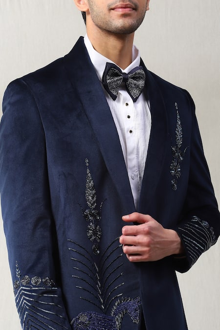 Buy_Soniya G_Blue Velvet, Polyester Stones Embroidered Blazer Set _Online_at_Aza_Fashions