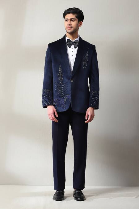 Soniya G_Blue Velvet, Polyester Stones Embroidered Blazer Set _at_Aza_Fashions