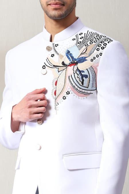 Soniya G White Silk Sequins, Embroidery Floral Placement Embellished Bandhgala Set Online at Aza Fashions Soniya G_White Silk Sequins, Embroidery Floral Placement Embellished Bandhgala Set _Online_at_Aza_Fashions