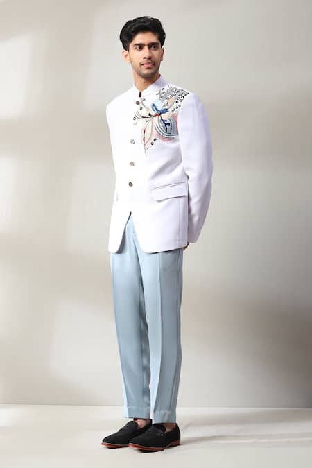 Shop Soniya G White Silk Sequins, Embroidery Floral Placement Embellished Bandhgala Set Online at Aza Fashions Shop_Soniya G_White Silk Sequins, Embroidery Floral Placement Embellished Bandhgala Set _Online_at_Aza_Fashions