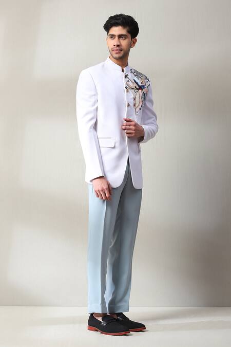 Soniya G White Silk Sequins, Embroidery Floral Placement Embellished Bandhgala Set at Aza Fashions Soniya G_White Silk Sequins, Embroidery Floral Placement Embellished Bandhgala Set _at_Aza_Fashions