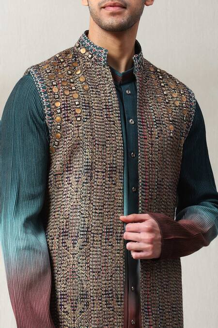Soniya G_Multi Color Handloom Cotton Beads, Zari Multicolor Embroidered Bundi And Kurta Set _Online_at_Aza_Fashions