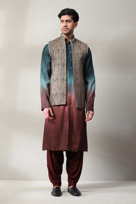 Shop_Soniya G_Multi Color Handloom Cotton Beads, Zari Multicolor Embroidered Bundi And Kurta Set _Online_at_Aza_Fashions