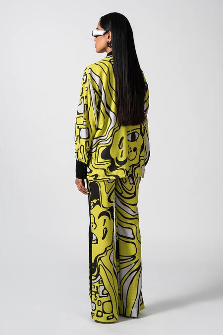 Shop_Pocketful Of Cherrie_Yellow Poplin Luminoso Expression Printed Neon Bell Pant _at_Aza_Fashions