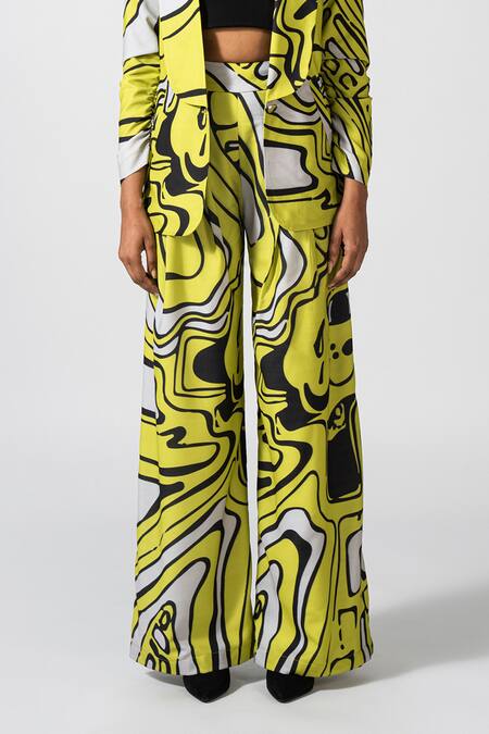 Pocketful Of Cherrie Yellow Allegro Espression Wide-leg Printed Neon Pant Online at Aza Fashions Pocketful Of Cherrie_Yellow Allegro Espression Wide-leg Printed Neon Pant _Online_at_Aza_Fashions