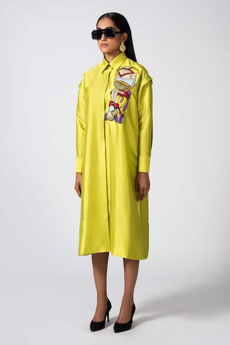 Shop Pocketful Of Cherrie Yellow Taffeta Embroidery Shawl Neck Futurista Cyber Hand Dress at Aza Fashions Shop_Pocketful Of Cherrie_Yellow Taffeta Embroidery Shawl Neck Futurista Cyber Hand Dress _at_Aza_Fashions