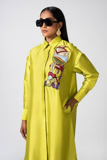 Pocketful Of Cherrie Yellow Taffeta Embroidery Shawl Neck Futurista Cyber Hand Dress Online at Aza Fashions Pocketful Of Cherrie_Yellow Taffeta Embroidery Shawl Neck Futurista Cyber Hand Dress _Online_at_Aza_Fashions