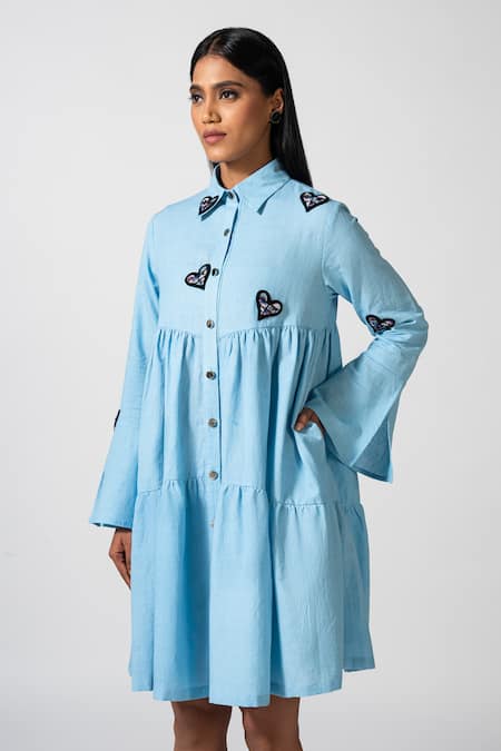 Pocketful Of Cherrie Blue Linen Hand Embroidered Rising Hearts Shirt Lino Abito Dress   3