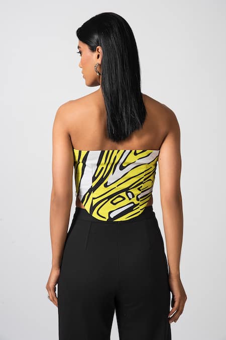 Shop_Pocketful Of Cherrie_Yellow Faux Leather Sweetheart Neck Opulent Odyssey Printed Corset Top _at_Aza_Fashions