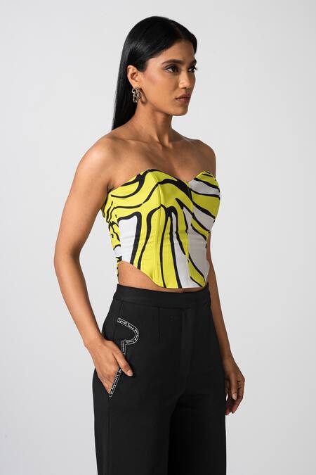 Pocketful Of Cherrie_Yellow Faux Leather Sweetheart Neck Opulent Odyssey Printed Corset Top _Online_at_Aza_Fashions