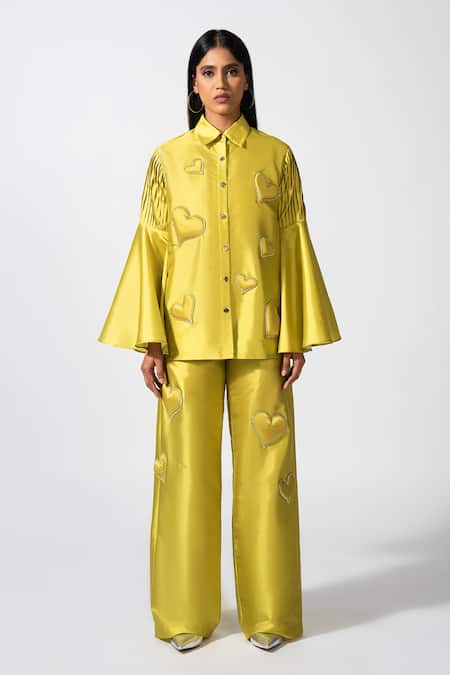 Pocketful Of Cherrie_Yellow Taffeta Embroidery Collared Luminescent Love Shirt _Online_at_Aza_Fashions