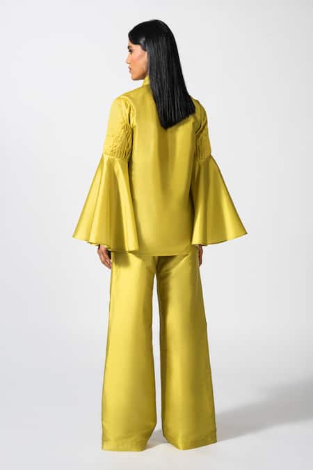 Shop Pocketful Of Cherrie Yellow Taffeta Embroidery Luminescent Love Pant at Aza Fashions Shop_Pocketful Of Cherrie_Yellow Taffeta Embroidery Luminescent Love Pant _at_Aza_Fashions