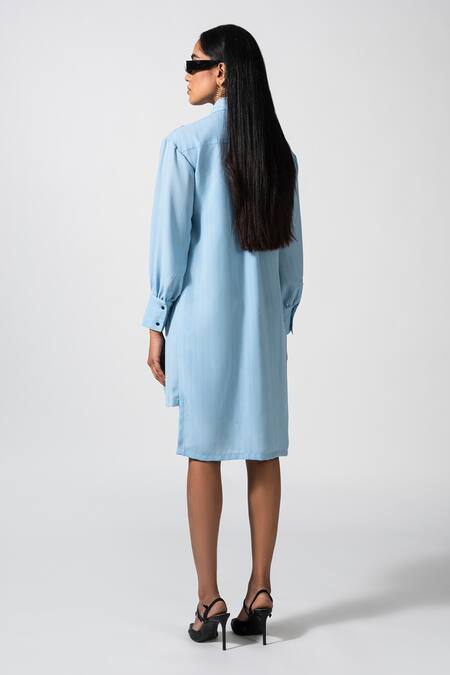 Shop_Pocketful Of Cherrie_Blue Cotton Embroidery Collared Haven Asymmetric Pleated Dress _at_Aza_Fashions