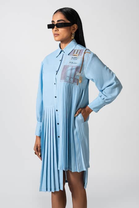 Pocketful Of Cherrie_Blue Cotton Embroidery Collared Haven Asymmetric Pleated Dress _Online_at_Aza_Fashions