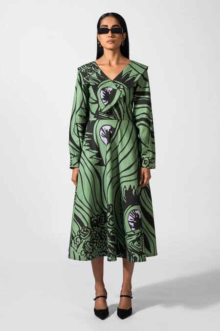 Pocketful Of Cherrie Green Cotton Collared Retro Flame Print Midi Dress Online at Aza Fashions Pocketful Of Cherrie_Green Cotton Collared Retro Flame Print Midi Dress_Online_at_Aza_Fashions