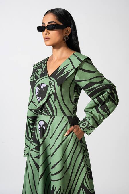 Buy Pocketful Of Cherrie Green Cotton Collared Retro Flame Print Midi Dress Online at Aza Fashions Buy_Pocketful Of Cherrie_Green Cotton Collared Retro Flame Print Midi Dress_Online_at_Aza_Fashions