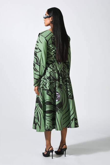 Shop Pocketful Of Cherrie Green Cotton Collared Retro Flame Print Midi Dress Online at Aza Fashions Shop_Pocketful Of Cherrie_Green Cotton Collared Retro Flame Print Midi Dress_Online_at_Aza_Fashions