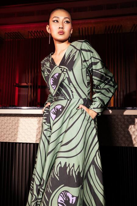 Pocketful Of Cherrie Green Cotton Collared Retro Flame Print Midi Dress at Aza Fashions Pocketful Of Cherrie_Green Cotton Collared Retro Flame Print Midi Dress_at_Aza_Fashions