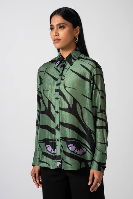 Pocketful Of Cherrie_Green Silk Collared Retro Flame Print Shirt_Online_at_Aza_Fashions