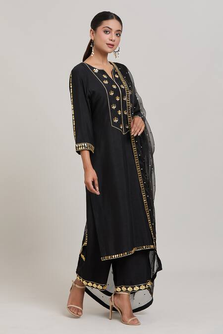 Shop Aaryaa By Kashveen Kohli Black Silk, Organza Beads, Embroidery Split V-neck Floral Yoke Kurta Pant Set Online at Aza Fashions Shop_Aaryaa By Kashveen Kohli_Black Silk, Organza Beads, Embroidery Split V-neck Floral Yoke Kurta Pant Set _Online_at_Aza_Fashions