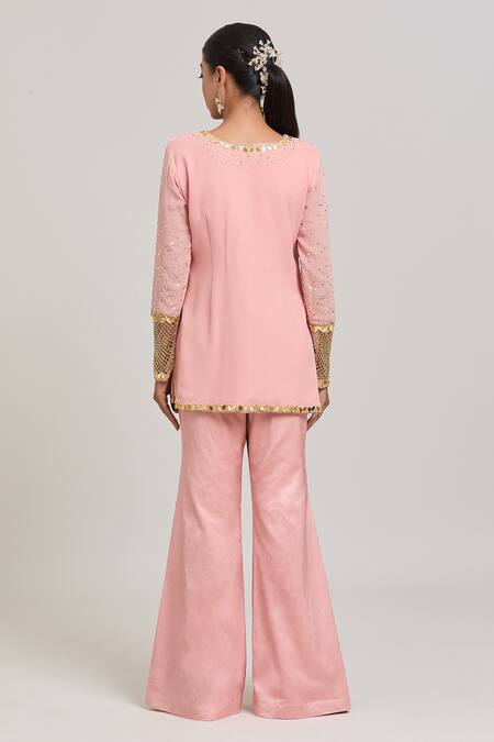 Aaryaa By Kashveen Kohli Thread & Acrylic Embroidered Short Kurta & Bell Bottom Pant Set 