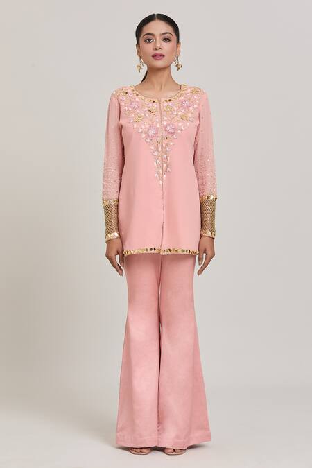 Aaryaa By Kashveen Kohli_Peach Georgette, Satin Thread And Acrylic Short Kurta & Bell Bottom Pant Set _Online_at_Aza_Fashions