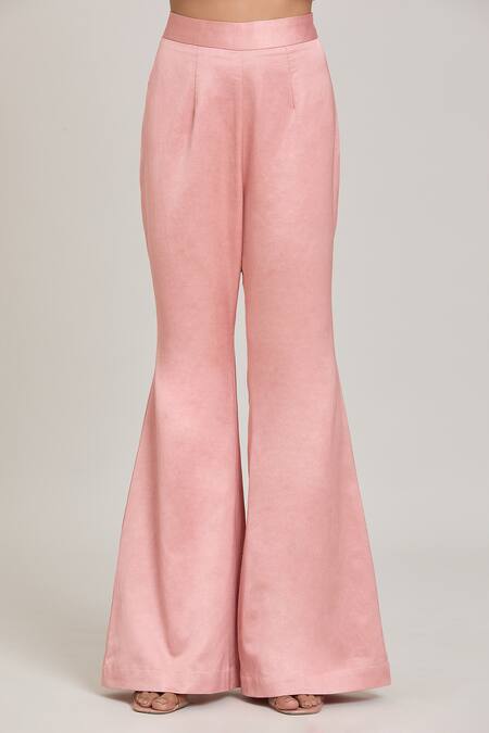 Buy_Aaryaa By Kashveen Kohli_Peach Georgette, Satin Thread And Acrylic Short Kurta & Bell Bottom Pant Set _Online_at_Aza_Fashions