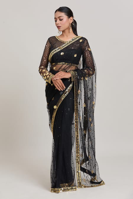 Aaryaa By Kashveen Kohli_Black Net Embroidery Round Neck Acrlic Saree With Blouse _Online_at_Aza_Fashions