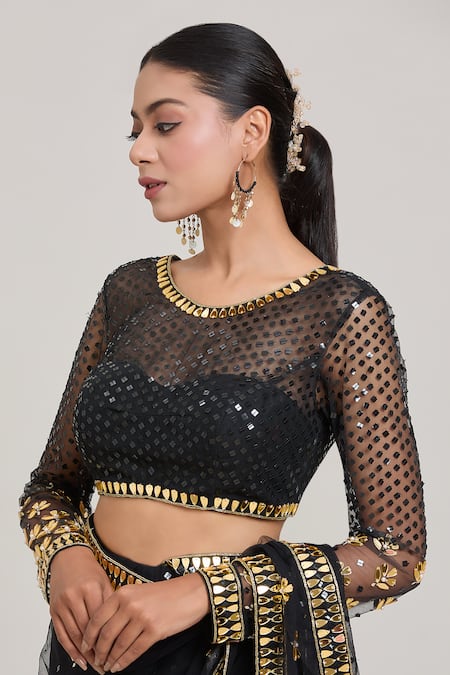 Buy_Aaryaa By Kashveen Kohli_Black Net Embroidery Round Neck Acrlic Saree With Blouse _Online_at_Aza_Fashions