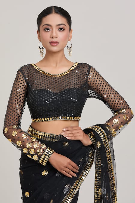 Shop_Aaryaa By Kashveen Kohli_Black Net Embroidery Round Neck Acrlic Saree With Blouse _Online_at_Aza_Fashions
