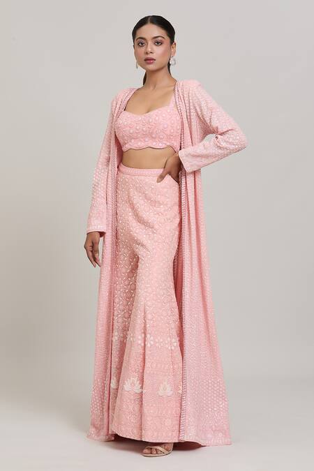 Buy Aaryaa By Kashveen Kohli Peach Georgette Pearls, Sequins Sweetheart Neck, Embroidered Jacket Palazzo Set Online at Aza Fashions Buy_Aaryaa By Kashveen Kohli_Peach Georgette Pearls, Sequins Sweetheart Neck, Embroidered Jacket Palazzo Set _Online_at_Aza_Fashions