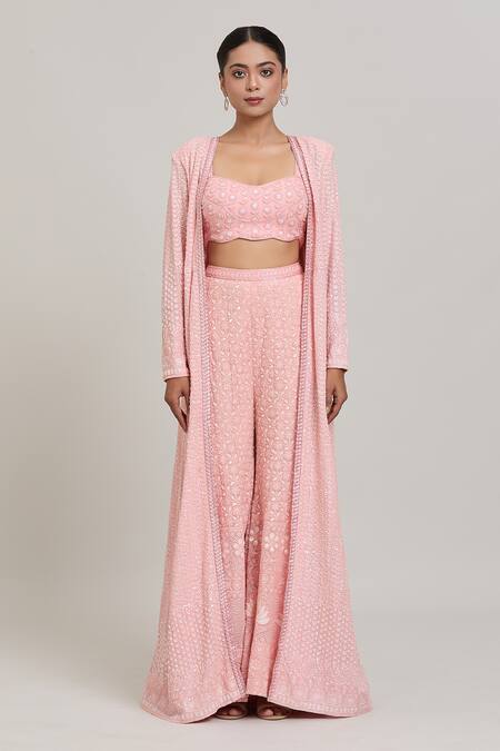 Shop Aaryaa By Kashveen Kohli Peach Georgette Pearls, Sequins Sweetheart Neck, Embroidered Jacket Palazzo Set Online at Aza Fashions Shop_Aaryaa By Kashveen Kohli_Peach Georgette Pearls, Sequins Sweetheart Neck, Embroidered Jacket Palazzo Set _Online_at_Aza_Fashions