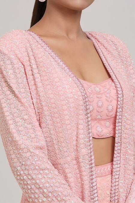 Aaryaa By Kashveen Kohli Peach Georgette Pearls, Sequins Sweetheart Neck, Embroidered Jacket Palazzo Set at Aza Fashions Aaryaa By Kashveen Kohli_Peach Georgette Pearls, Sequins Sweetheart Neck, Embroidered Jacket Palazzo Set _at_Aza_Fashions