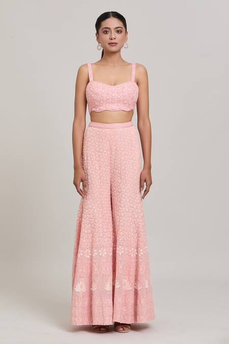 Buy Aaryaa By Kashveen Kohli Peach Georgette Pearls, Sequins Sweetheart Neck, Embroidered Jacket Palazzo Set Buy_Aaryaa By Kashveen Kohli_Peach Georgette Pearls, Sequins Sweetheart Neck, Embroidered Jacket Palazzo Set