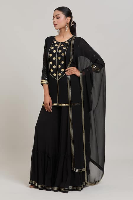 Buy Aaryaa By Kashveen Kohli Black Chiffon, Georgette Embroidery Round Neck Acrylic Short Kurta Sharara Set Online at Aza Fashions Buy_Aaryaa By Kashveen Kohli_Black Chiffon, Georgette Embroidery Round Neck Acrylic Short Kurta Sharara Set _Online_at_Aza_Fashions