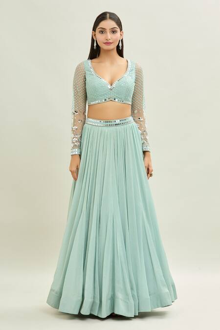 Aaryaa By Kashveen Kohli Blue Net, Acrylic, Chiffon Applique Sweetheart Neck Embroidered Lehenga Set Online at Aza Fashions Aaryaa By Kashveen Kohli_Blue Net, Acrylic, Chiffon Applique Sweetheart Neck Embroidered Lehenga Set _Online_at_Aza_Fashions