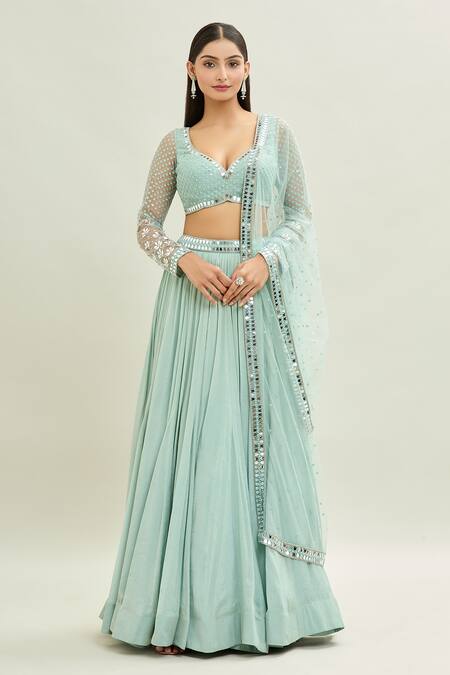 Buy Aaryaa By Kashveen Kohli Blue Net, Acrylic, Chiffon Applique Sweetheart Neck Embroidered Lehenga Set Online at Aza Fashions Buy_Aaryaa By Kashveen Kohli_Blue Net, Acrylic, Chiffon Applique Sweetheart Neck Embroidered Lehenga Set _Online_at_Aza_Fashions