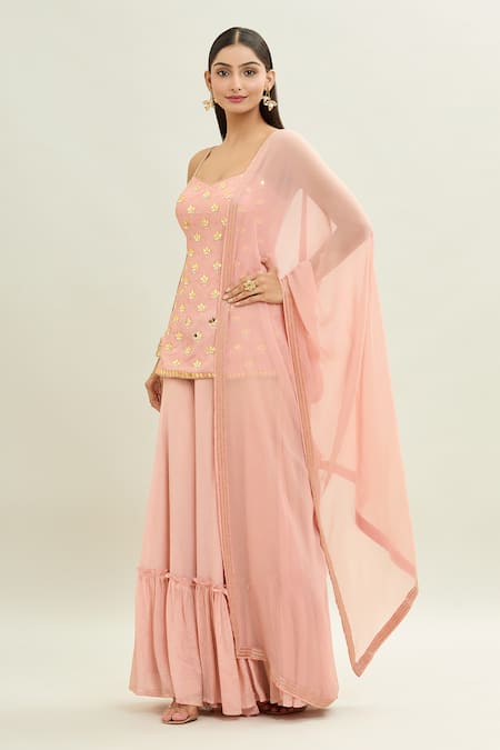 Buy Aaryaa By Kashveen Kohli Peach Silk, Chiffon Embroidery, Applique Sweetheart Acrylic Kurta Sharara Set Online at Aza Fashions Buy_Aaryaa By Kashveen Kohli_Peach Silk, Chiffon Embroidery, Applique Sweetheart Acrylic Kurta Sharara Set _Online_at_Aza_Fashions