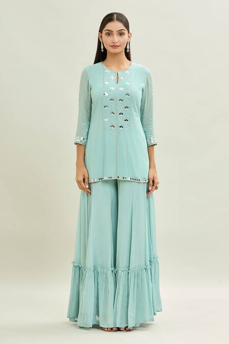 Aaryaa By Kashveen Kohli Blue Chiffon, Georgette Embroidery Round Neck Acrylic Work Kurta Sharara Set Online at Aza Fashions Aaryaa By Kashveen Kohli_Blue Chiffon, Georgette Embroidery Round Neck Acrylic Work Kurta Sharara Set _Online_at_Aza_Fashions