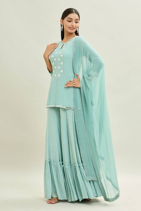 Buy Aaryaa By Kashveen Kohli Blue Chiffon, Georgette Embroidery Round Neck Acrylic Work Kurta Sharara Set Online at Aza Fashions Buy_Aaryaa By Kashveen Kohli_Blue Chiffon, Georgette Embroidery Round Neck Acrylic Work Kurta Sharara Set _Online_at_Aza_Fashions