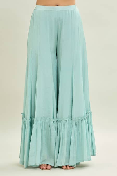 Aaryaa By Kashveen Kohli Blue Chiffon, Georgette Embroidery Round Neck Acrylic Work Kurta Sharara Set at Aza Fashions Aaryaa By Kashveen Kohli_Blue Chiffon, Georgette Embroidery Round Neck Acrylic Work Kurta Sharara Set _at_Aza_Fashions