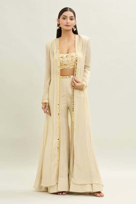 Shop_Aaryaa By Kashveen Kohli_Ivory Georgette, Chiffon Embroidery Square Neck Longline Cape Sharara Set _Online_at_Aza_Fashions